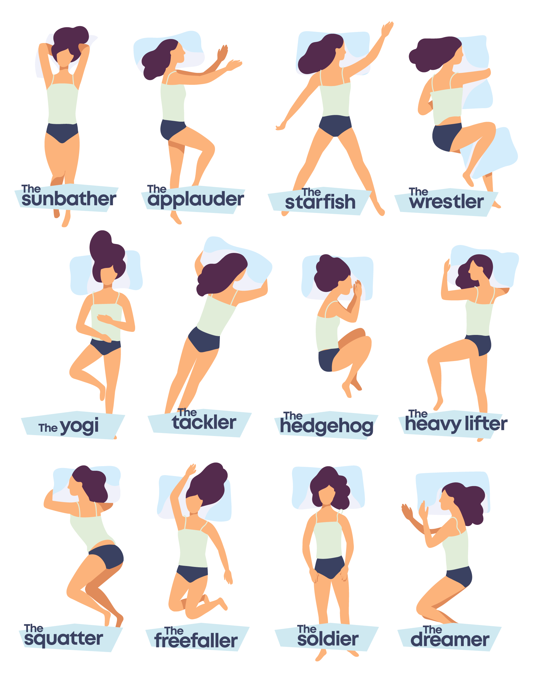woman in ten different sleeping positions