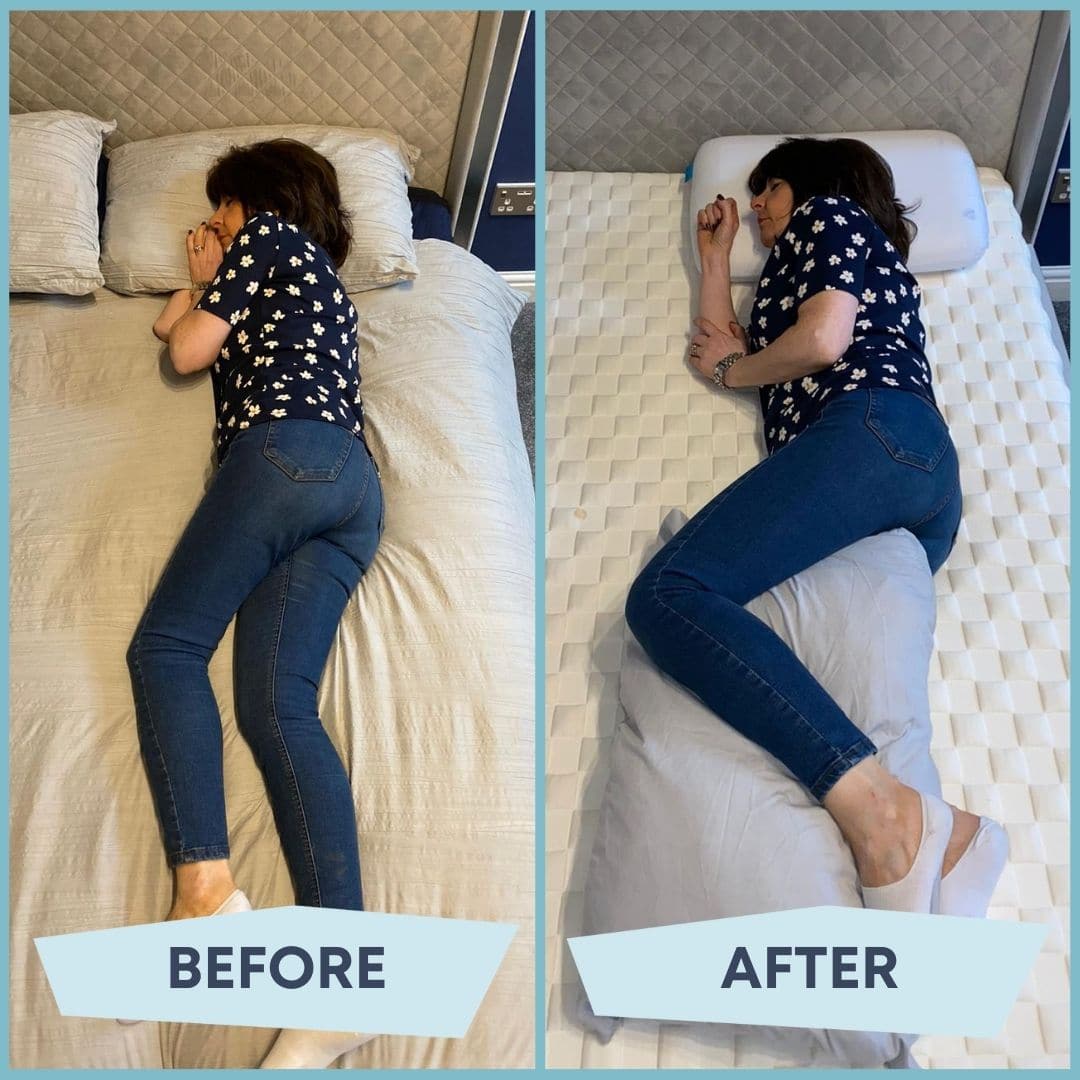 woman sleeping on her side, the before is her with bad posture and the after is her with good posture
