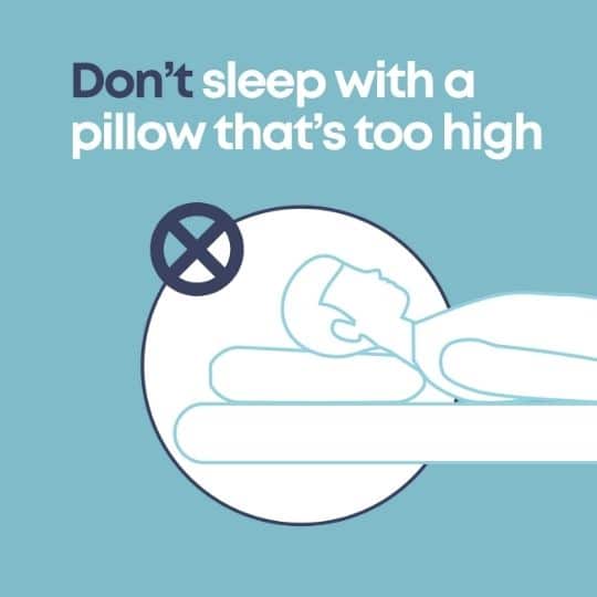 avatar sleeping on its back with writing 'don't sleep with a pillow that's too high'