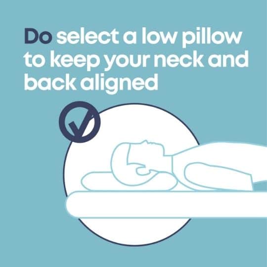 avatar sleeping on its back with writing 'do select a low pillow to keep your neck and back aligned'